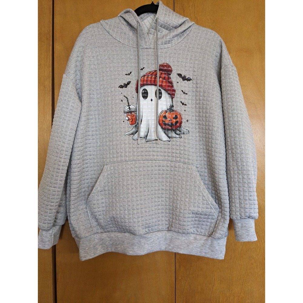 Gray Quilted Halloween Ghost Hoodie Beanie Pumpkin Graphic Sweatshirt Large